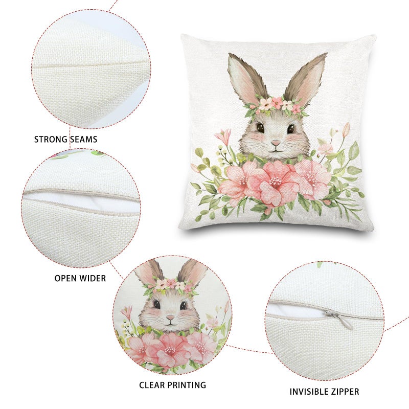 YUJUN 4 Pack Easter Spring Pillow Covers, 18x18in Buffalo Plaid Farmhouse Rabbit Bunny Flower Easter Throw Pillows, Couch Decor - Image 3
