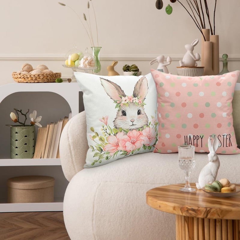 YUJUN 4 Pack Easter Spring Pillow Covers, 18x18in Buffalo Plaid Farmhouse Rabbit Bunny Flower Easter Throw Pillows, Couch Decor - Image 5
