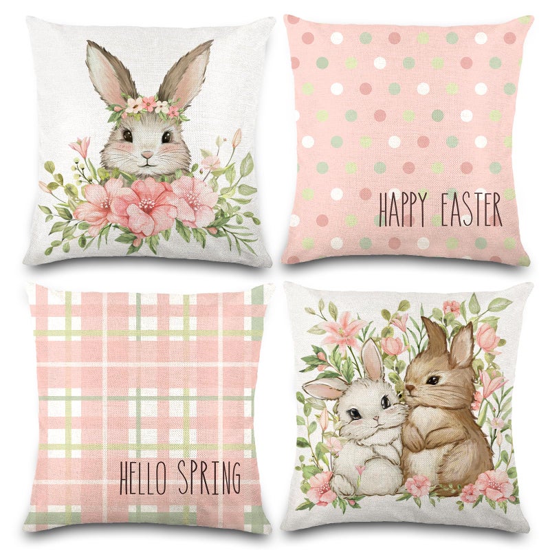 YUJUN 4 Pack Easter Spring Pillow Covers, 18x18in Buffalo Plaid Farmhouse Rabbit Bunny Flower Easter Throw Pillows, Couch Decor - Image 1
