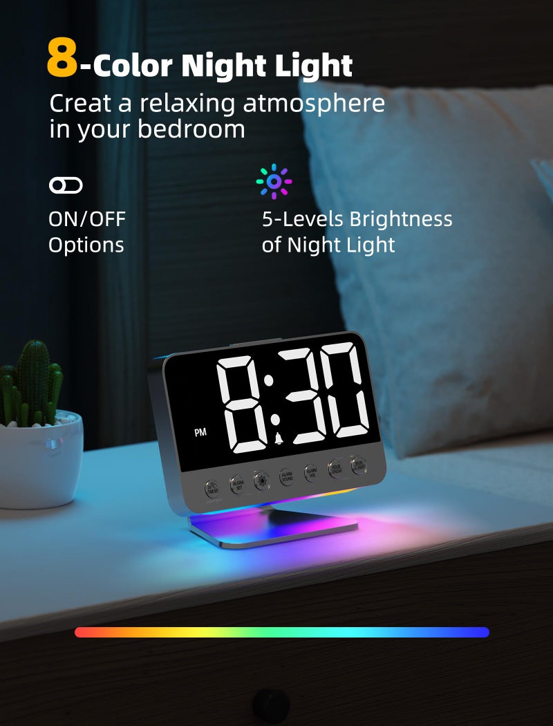 Odokee Digital Alarm Clocks for Bedrooms: Large Bold Number 5 Brightness Dimmer - Easy to Read Across The Room - 5 Alarm Sound 8 Night Light - Silver - Image 5