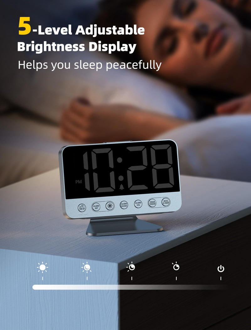 Odokee Digital Alarm Clocks for Bedrooms: Large Bold Number 5 Brightness Dimmer - Easy to Read Across The Room - 5 Alarm Sound 8 Night Light - Silver - Image 4
