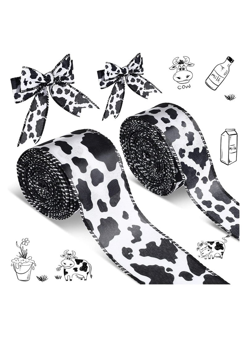 SYOSI Cow Print Ribbon, 2 Rolls Wired Edge Ribbon Cow Spot Pattern Ornaments Fabric Ribbons for Wreaths, Wrapping, Crafting, DIY Craft Gift Wrapping Bouquet Home Party Decoration 10 Yards - Image 1