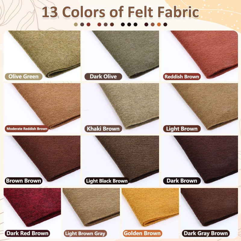 XSEINO 13 Rolls 8"x35" 1.4mm Thick Soft Felt Fabric Sheet 13 Assorted Dark Brown Series Colors Felt Pack for DIY Craft Sewing Squares Nonwoven Patchwork - Image 2