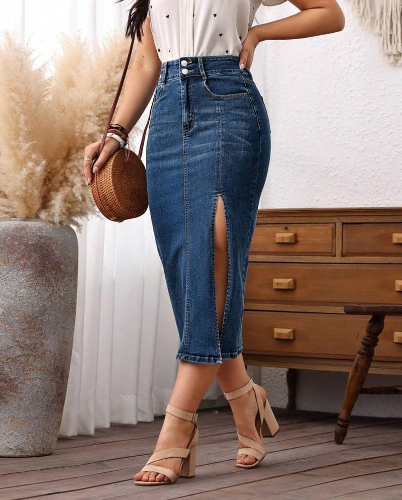 CaniBtr Midi Jean Skirt for Women Denim Thigh Side Slit High Waisted Stretch Long Denim Skirts with Pockets DarkBlue XL - Image 5