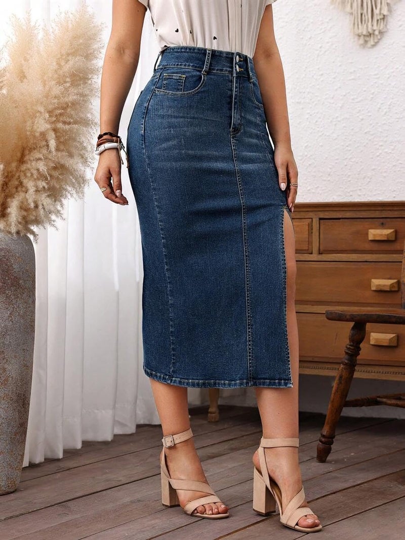 CaniBtr Midi Jean Skirt for Women Denim Thigh Side Slit High Waisted Stretch Long Denim Skirts with Pockets DarkBlue XL - Image 4