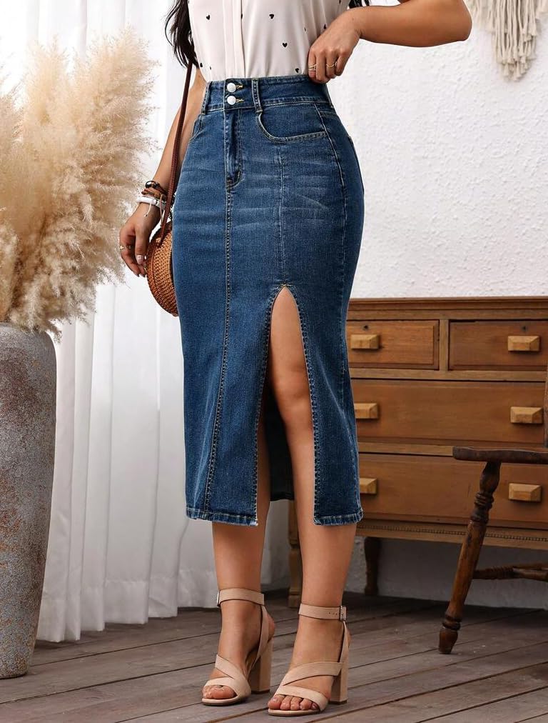 CaniBtr Midi Jean Skirt for Women Denim Thigh Side Slit High Waisted Stretch Long Denim Skirts with Pockets DarkBlue XL - Image 2