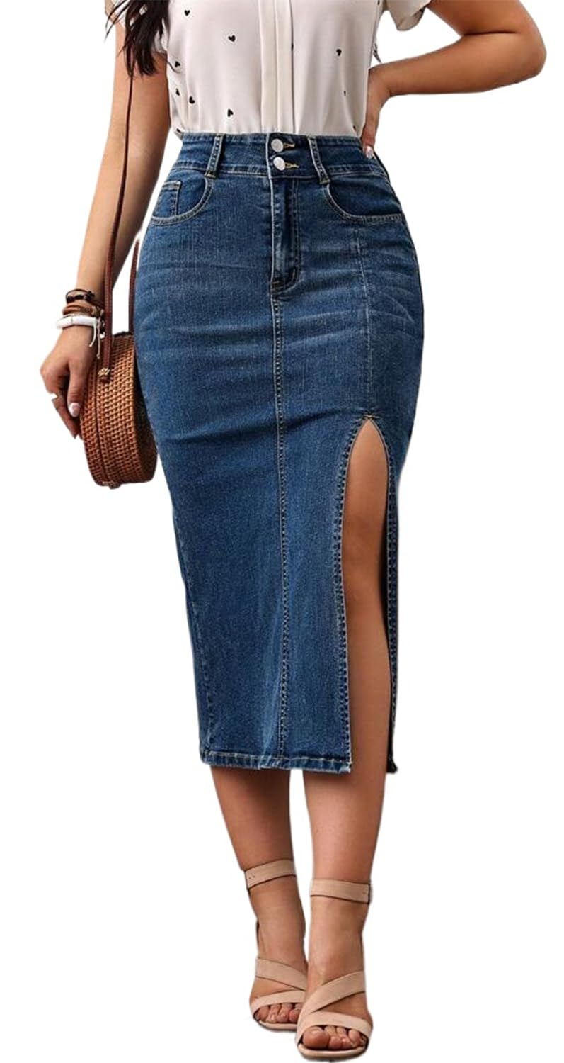 CaniBtr Midi Jean Skirt for Women Denim Thigh Side Slit High Waisted Stretch Long Denim Skirts with Pockets DarkBlue XL - Image 1