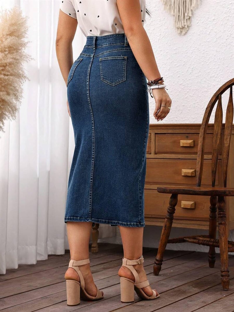 CaniBtr Midi Jean Skirt for Women Denim Thigh Side Slit High Waisted Stretch Long Denim Skirts with Pockets DarkBlue XL - Image 3