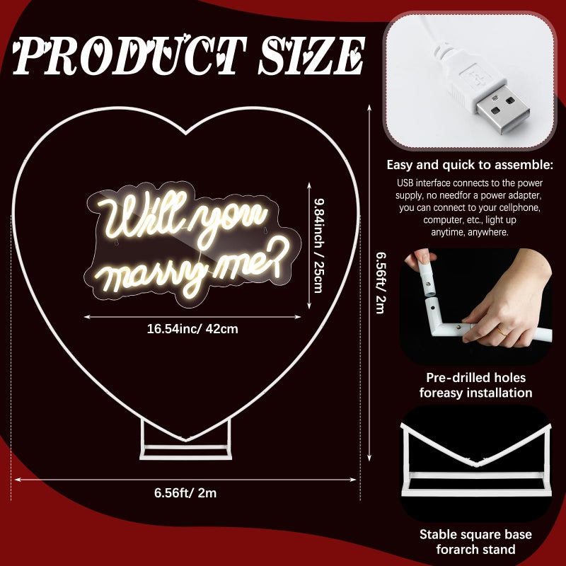 Breling 6.6ft Large Metal Heart Arch Stand and Will You Marry Me LED Neon Light Sign Backdrop for Outdoor Proposal Wedding Engagement Bridal Valentine and Birthday Party Decor (Red) - Image 2