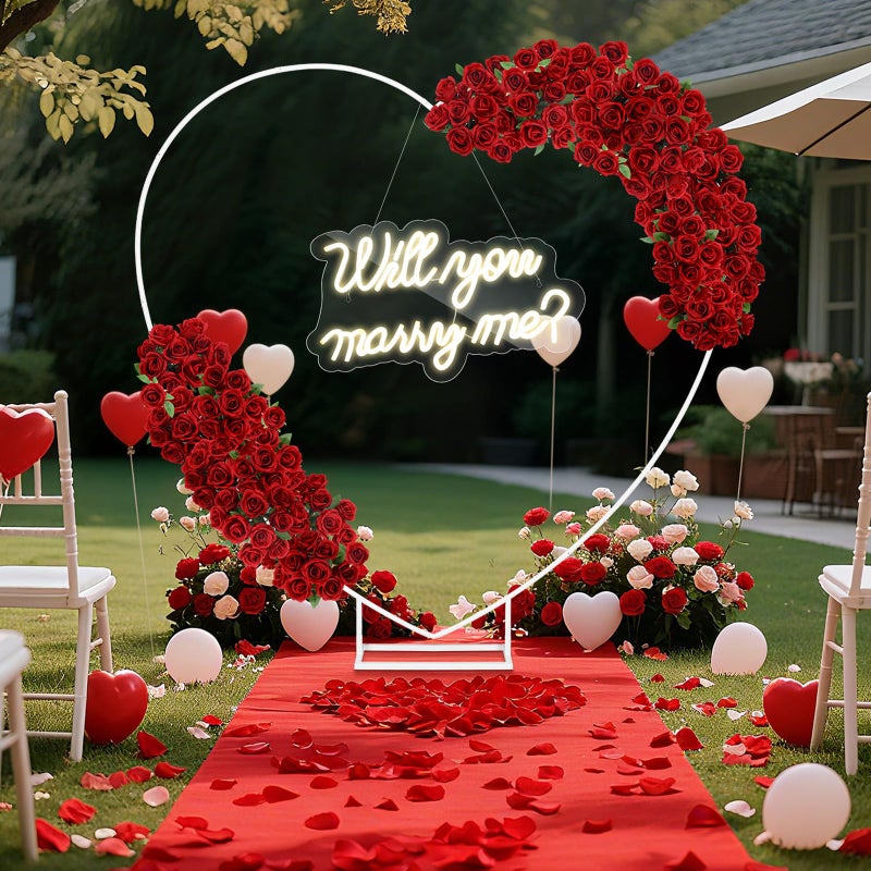 Breling 6.6ft Large Metal Heart Arch Stand and Will You Marry Me LED Neon Light Sign Backdrop for Outdoor Proposal Wedding Engagement Bridal Valentine and Birthday Party Decor (Red) - Image 1