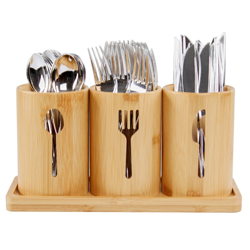 7Penn Standing Utensil Organizer Caddy - 3 Cup Bamboo Countertop Utensil Holder for Party Camping and Kitchen - Image 1