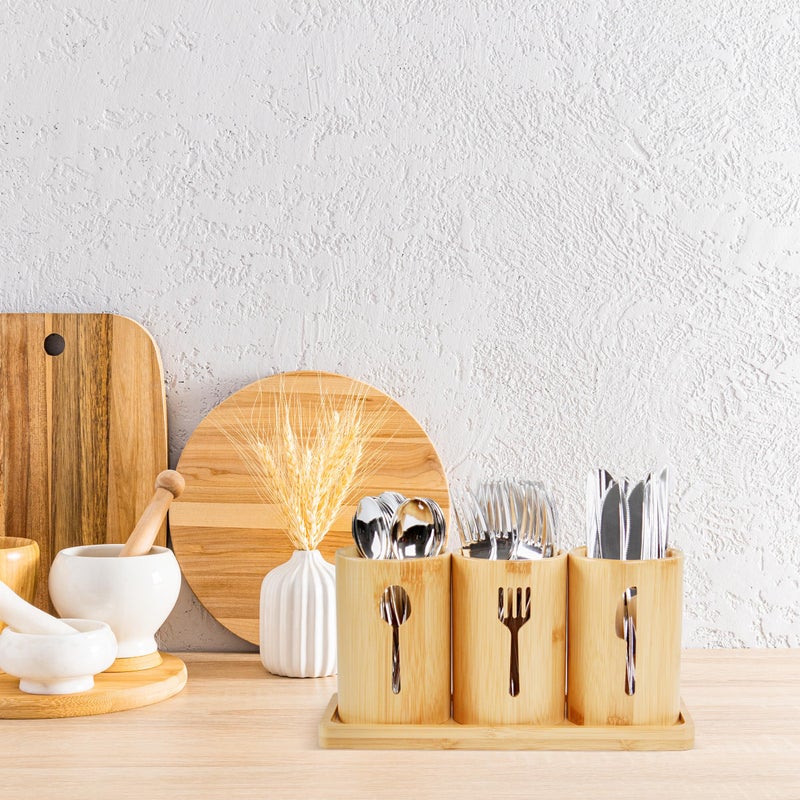 7Penn Standing Utensil Organizer Caddy - 3 Cup Bamboo Countertop Utensil Holder for Party Camping and Kitchen - Image 5