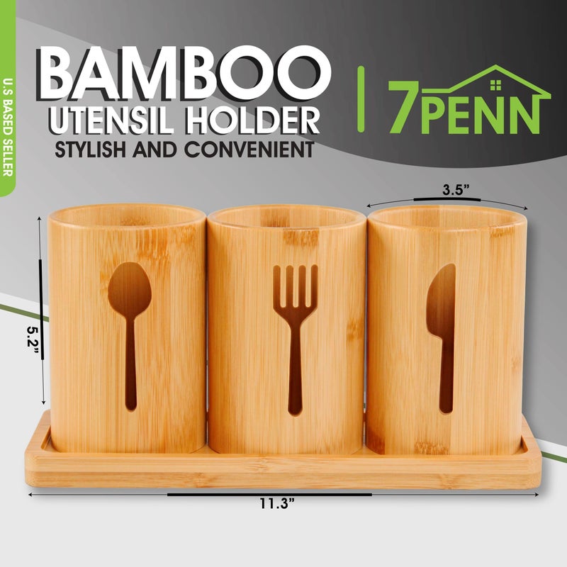 7Penn Standing Utensil Organizer Caddy - 3 Cup Bamboo Countertop Utensil Holder for Party Camping and Kitchen - Image 2