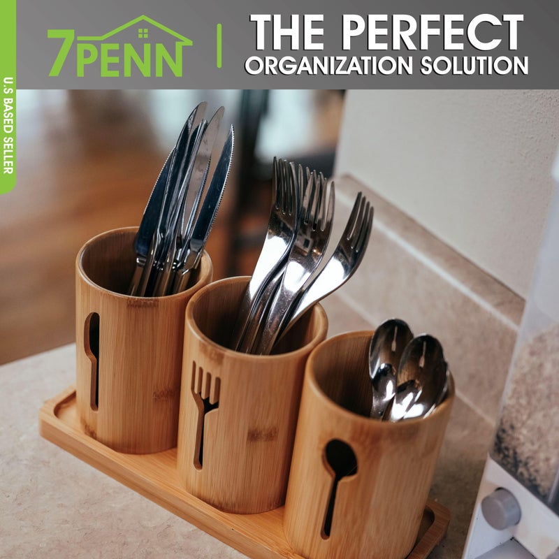 7Penn Standing Utensil Organizer Caddy - 3 Cup Bamboo Countertop Utensil Holder for Party Camping and Kitchen - Image 3