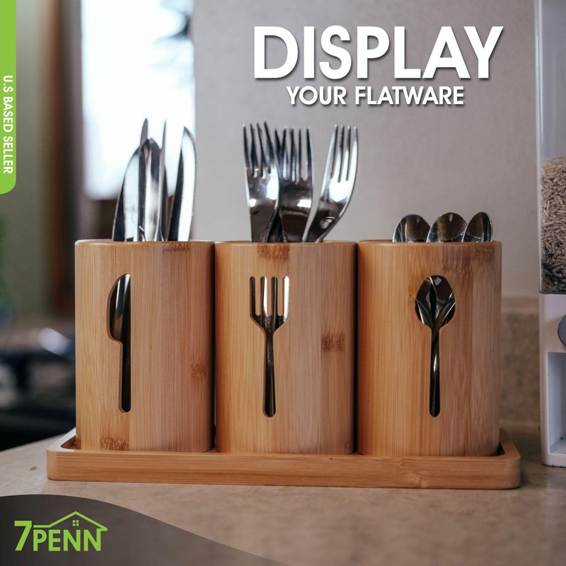 7Penn Standing Utensil Organizer Caddy - 3 Cup Bamboo Countertop Utensil Holder for Party Camping and Kitchen - Image 4
