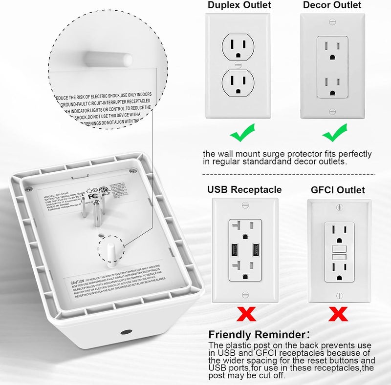 Lvetek Multi Plug Outlet Surge Protector - 3-Sided Power Strip with 5 Outlet Extender and 4 USB Ports(2 USB-C) and Night Light, USB Wall Charger for Home, Office, Travel, ETL Listed, White - Image 3
