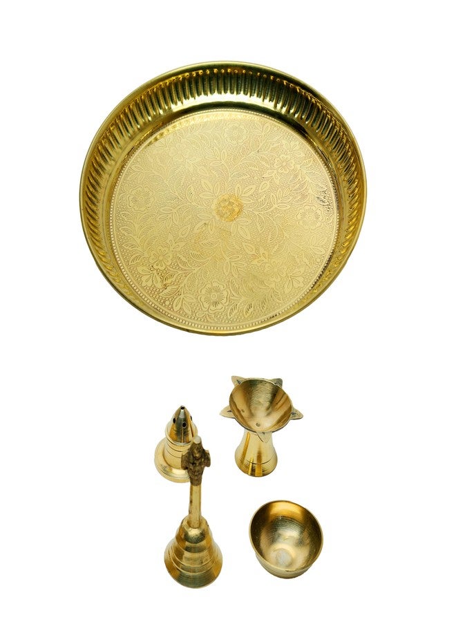 أديتري_كرييشن طقم صينية بوجا نحاسية مزخرفة مكون من 5 قطع: صينية واحدة مع وعاء واحد، ومصباح ديا واحد، وجرس واحد، وحامل بخور واحد، لتزيين المنازل والمعابد في المهرجانات الهندية التقليدية، ورأس السنة الجديدة. (حجم الصينية: 7 بوصات) - Image 2