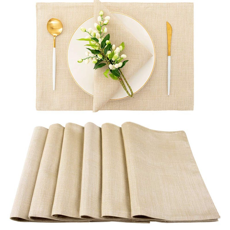 Spring Garden Home Dining Table Placemats for 6 Durable Washable Fabric Kitchen Table Mats 13x19 Inch Linen Beige