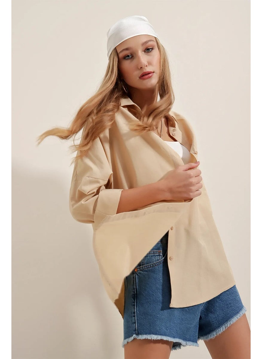 Giysa Beige Women's Long Sleeve Oversize Basic Shirt 95% Cotton - 3900  - Image 3
