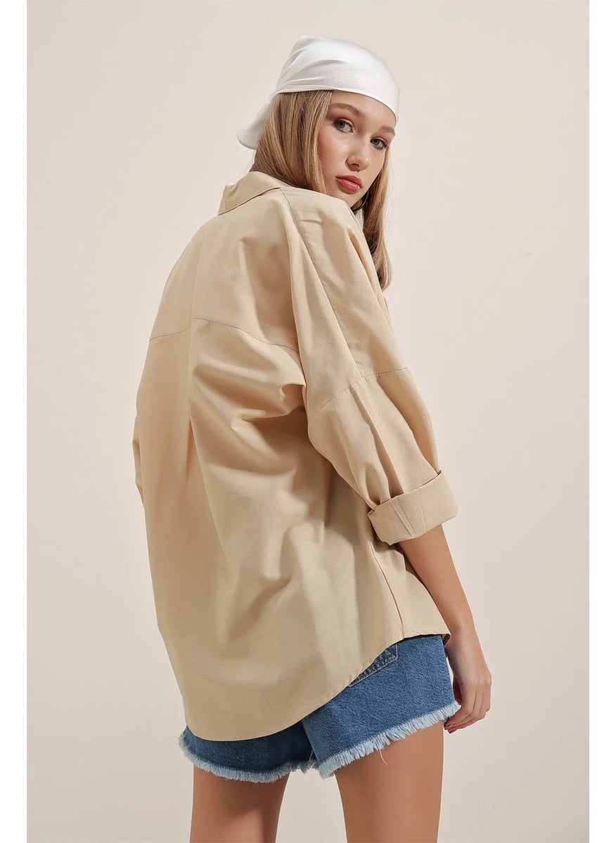 Giysa Beige Women's Long Sleeve Oversize Basic Shirt 95% Cotton - 3900  - Image 4