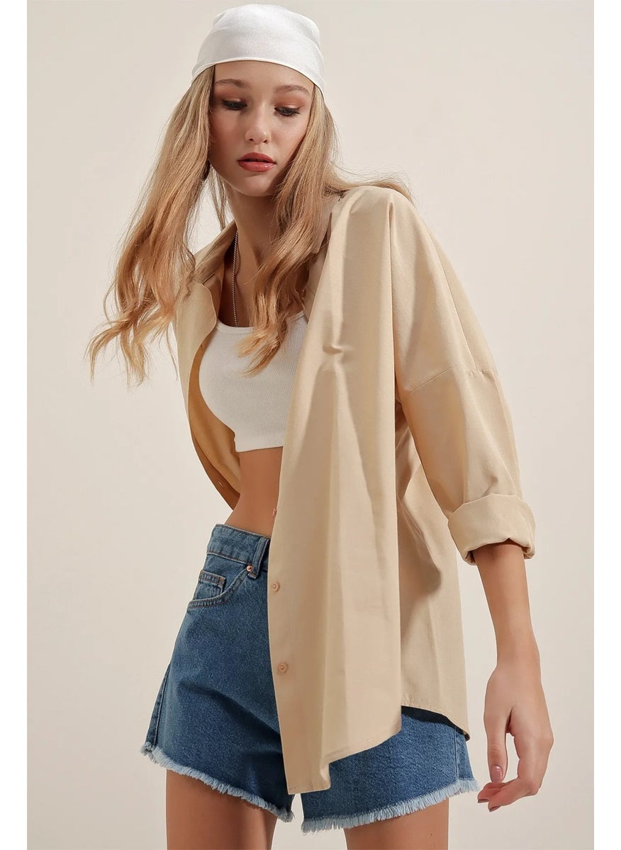 Giysa Beige Women's Long Sleeve Oversize Basic Shirt 95% Cotton - 3900  - Image 2