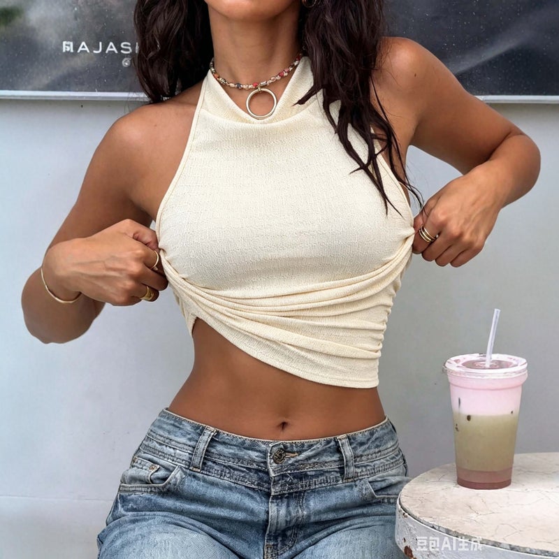Women's Textured Half Turtleneck Halter Top Slim Crop Top - Image 4