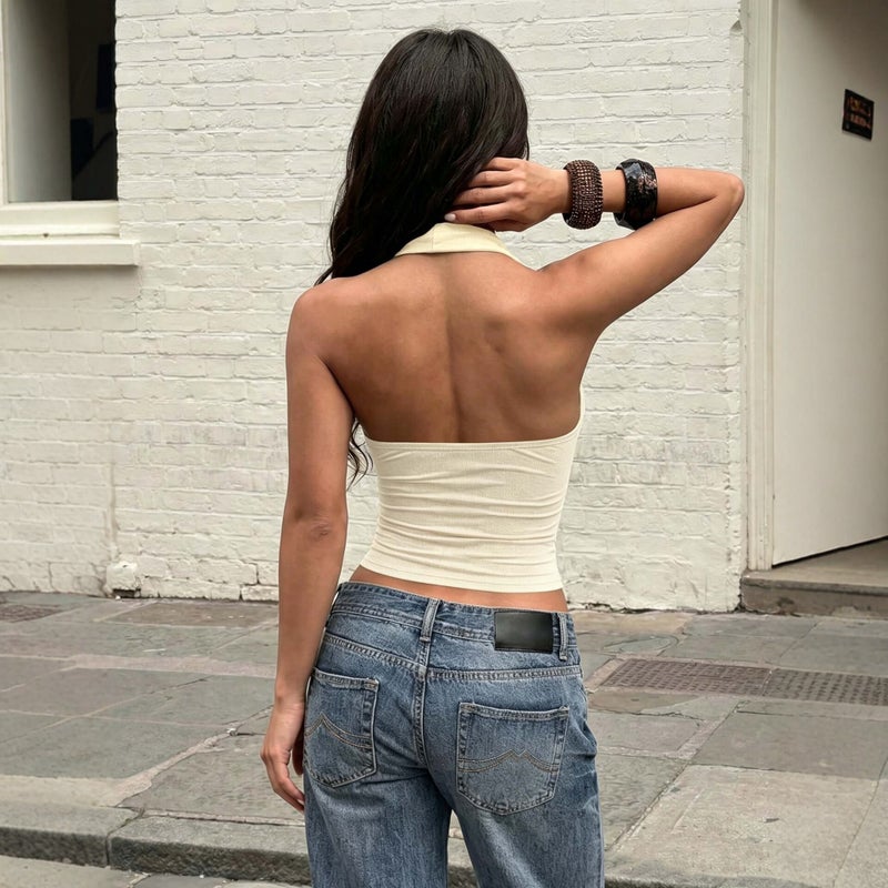 Women's Textured Half Turtleneck Halter Top Slim Crop Top - Image 2
