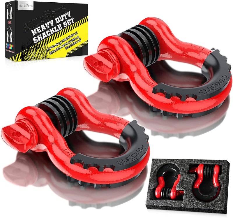 AUTOBOTS Bow Shackles 3/4" D Ring Shackle (2 Pack), 48,000Ib Break Strength with 7/8" Pin, 2 Isolator and 4 Washers Kit for Offroad Vehicle Truck Recovery Red - Image 1
