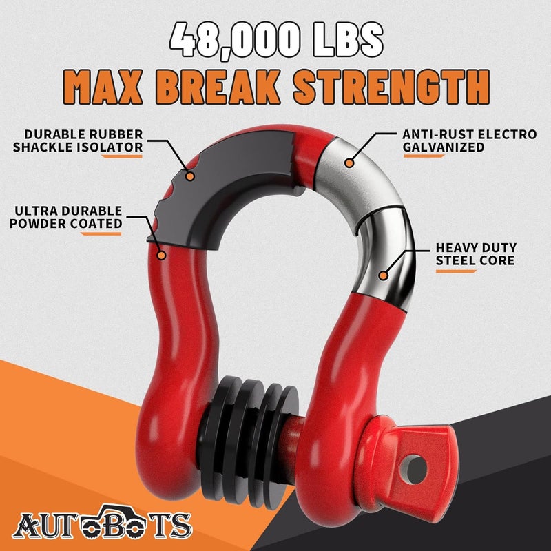 AUTOBOTS Bow Shackles 3/4" D Ring Shackle (2 Pack), 48,000Ib Break Strength with 7/8" Pin, 2 Isolator and 4 Washers Kit for Offroad Vehicle Truck Recovery Red - Image 2
