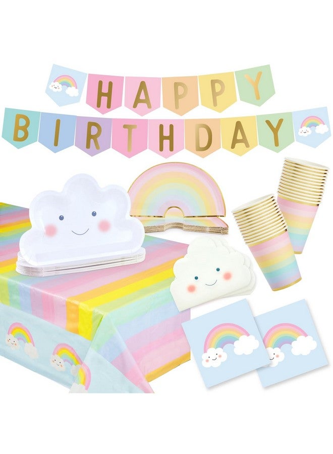 Blue Panda BLUE PANDA Rainbow Party Supplies, Serves 24 Guests, Pastel Dinnerware Set Includes 2 Tablecloth, Cloud Napkins, Rainbow Cups, Plates and Happy Birthday Banner Decorations, 99 Piece  - Image 1