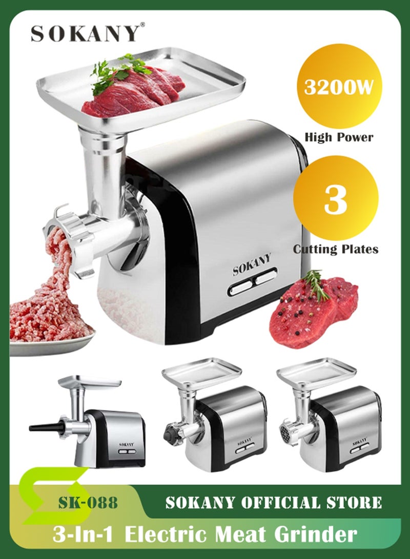 سوكاني مفرمة لحوم كهربائية 3200 واط 3200 واط 3 في 1 مفرمة لحوم احترافية مع 3 ألواح طحن من الفولاذ المقاوم للصدأ، مفرمة لحوم كهربائية من كوبه لسرعة الطحن، طحن اللحوم، السمك، الخضار، صانعة السجق، SK-088  (فضي) - Image 1