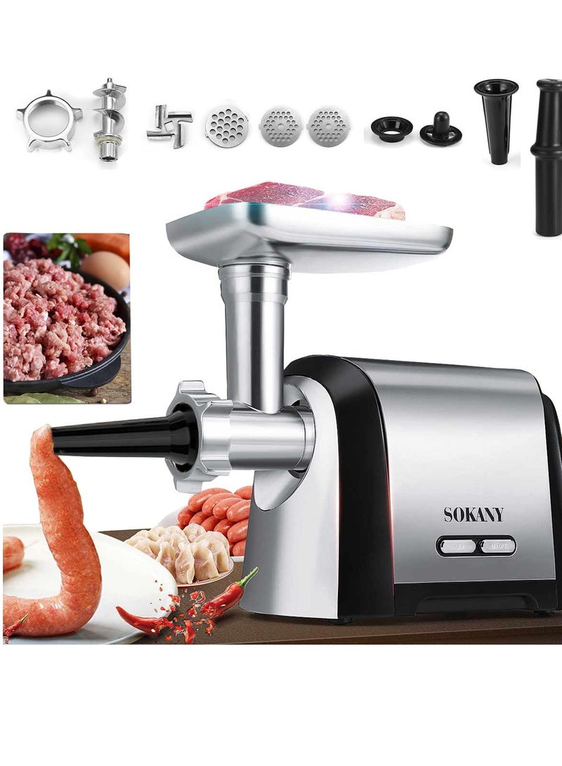 سوكاني مفرمة لحوم كهربائية 3200 واط 3200 واط 3 في 1 مفرمة لحوم احترافية مع 3 ألواح طحن من الفولاذ المقاوم للصدأ، مفرمة لحوم كهربائية من كوبه لسرعة الطحن، طحن اللحوم، السمك، الخضار، صانعة السجق، SK-088  (فضي) - Image 2