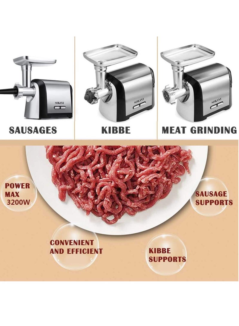 سوكاني مفرمة لحوم كهربائية 3200 واط 3200 واط 3 في 1 مفرمة لحوم احترافية مع 3 ألواح طحن من الفولاذ المقاوم للصدأ، مفرمة لحوم كهربائية من كوبه لسرعة الطحن، طحن اللحوم، السمك، الخضار، صانعة السجق، SK-088  (فضي) - Image 5