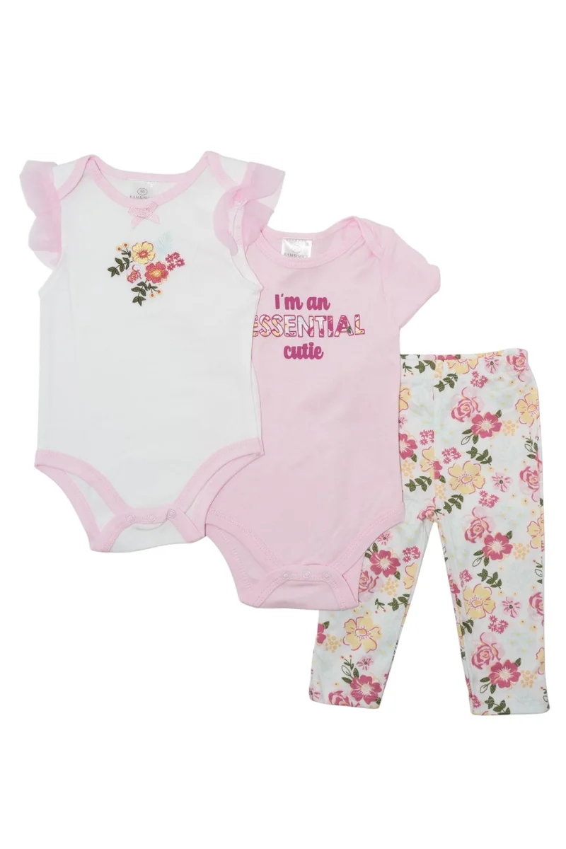 Bambimici Bambimici Pink Flower Print Short Sleeve with Pyjama 3-Piece
