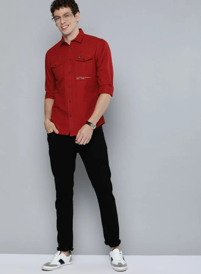 شركة المرآب الهندية Men Slim Fit Placement Print Full Sleeves Cutaway Collar Street Wear Shirt