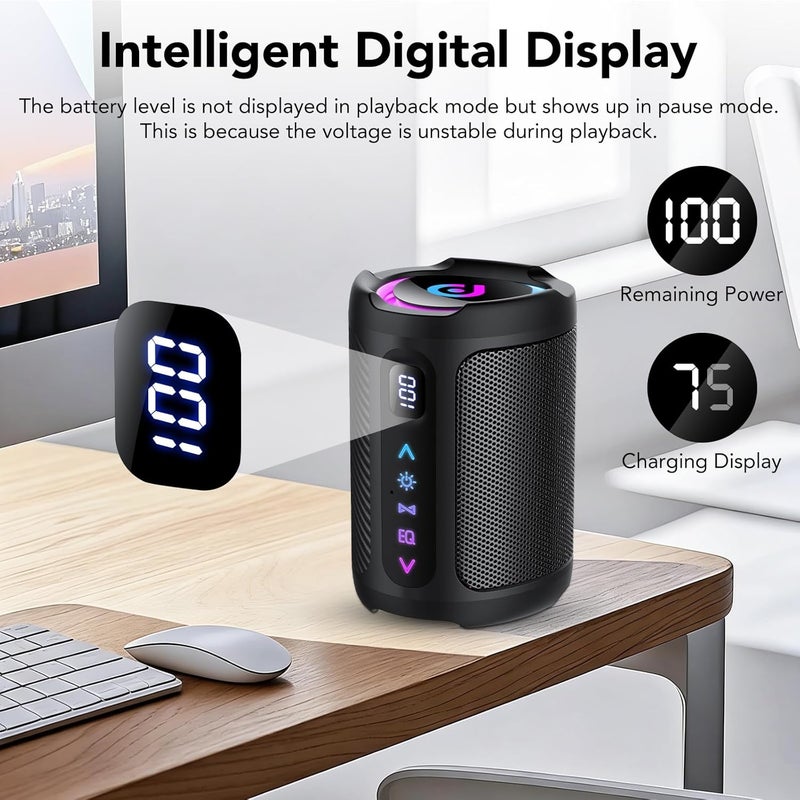 مكبر صوت بلوتوث لاسلكي محمول مع ضوء LED، شاشة رقمية ذكية + معادل صوت ذكي، مكبر صوت بلوتوث بقوة باس، بلوتوث 5.4، مكبر صوت خارجي للسفر والرياضة والحفلات وركوب الدراجات - Image 3