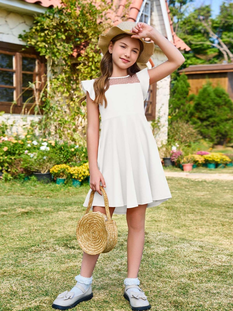 Haloumoning Girls Dress Summer Ruffle Sleeve Mesh A Line Casual Party Dresses with Pockets for Kids 4-14 Years White - Image 5