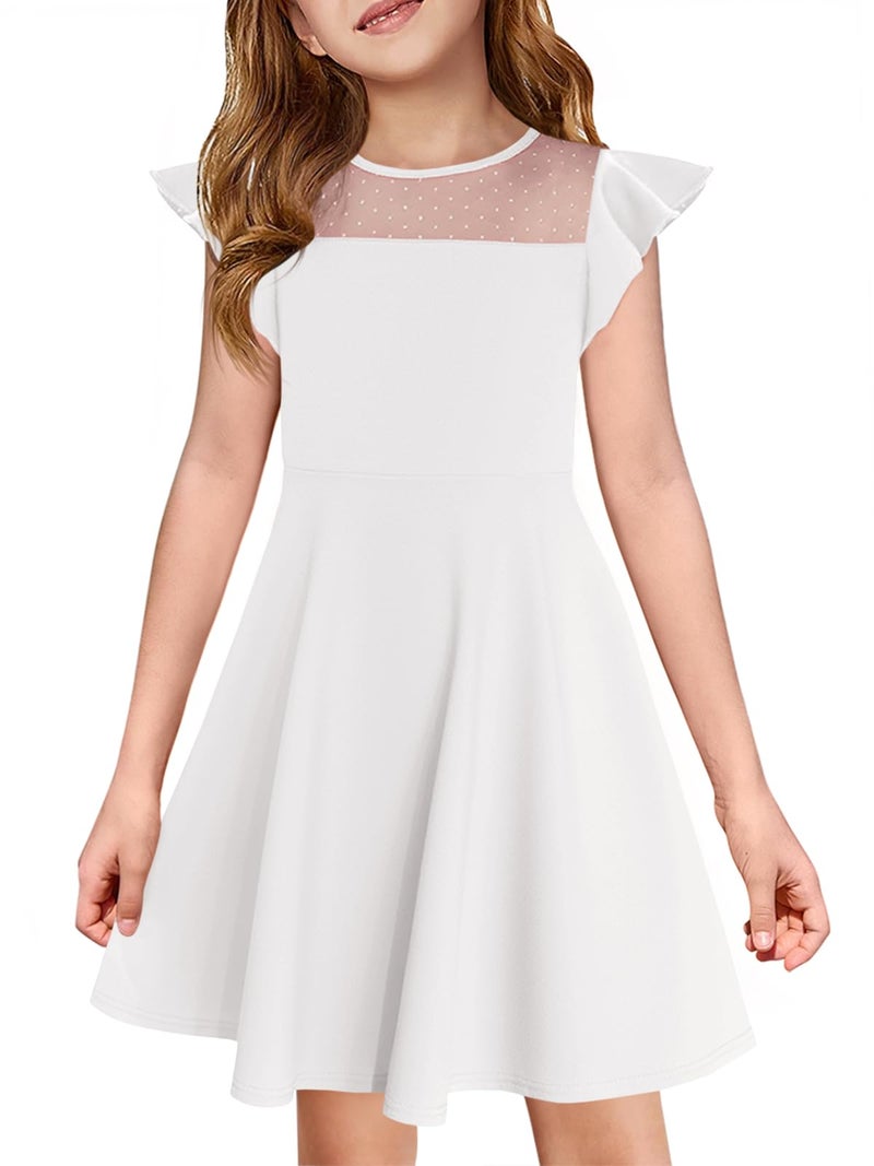 Haloumoning Girls Dress Summer Ruffle Sleeve Mesh A Line Casual Party Dresses with Pockets for Kids 4-14 Years White - Image 1