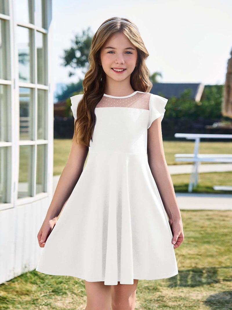 Haloumoning Girls Dress Summer Ruffle Sleeve Mesh A Line Casual Party Dresses with Pockets for Kids 4-14 Years White - Image 2