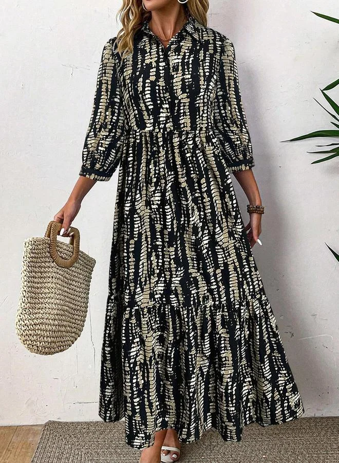 تايك تو Women's Allover Printed Lapel Design 3/4 Sleeve Maxi Dress
