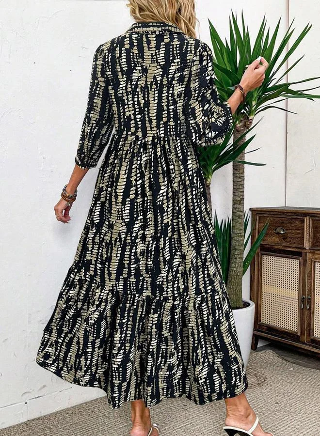 تايك تو Women's Allover Printed Lapel Design 3/4 Sleeve Maxi Dress