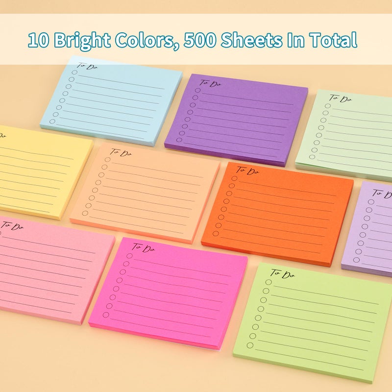 EOOUT 10 Pack Sticky Notes, 500 Sheets Self-Stick to Do List with Line, 3x4 Inch Adhesive Memo Sticky Notes Notepad Bulk, Home Office School Planner Reminder Supplies - Image 3
