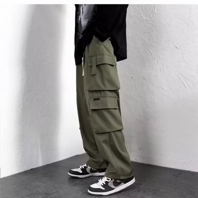 Cross-border foreign trade fleece-lined overalls mens autumn and winter fashion brand wide-leg casual pants winter boys straight loose Green thin section