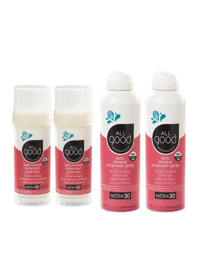 All Good Makes Everything Better All Good Baby & Kids Mineral Face & Body Sunscreen Uva/Uvb Broad Spectrum Coral Reef Friendly Water Resistant Zinc Oxide (2) Spf 50 Butter Sticks & (2) Spf 30 Sprays  - Image 1