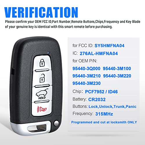 Keymall ريموت مفتاح سيارة Keymall للدخول الذكي بدون مفتاح بديل لهيونداي/كيا 2011 2012 2013 2014 2015 FCC ID:SY5HMFNA04 4 أزرار - Image 3