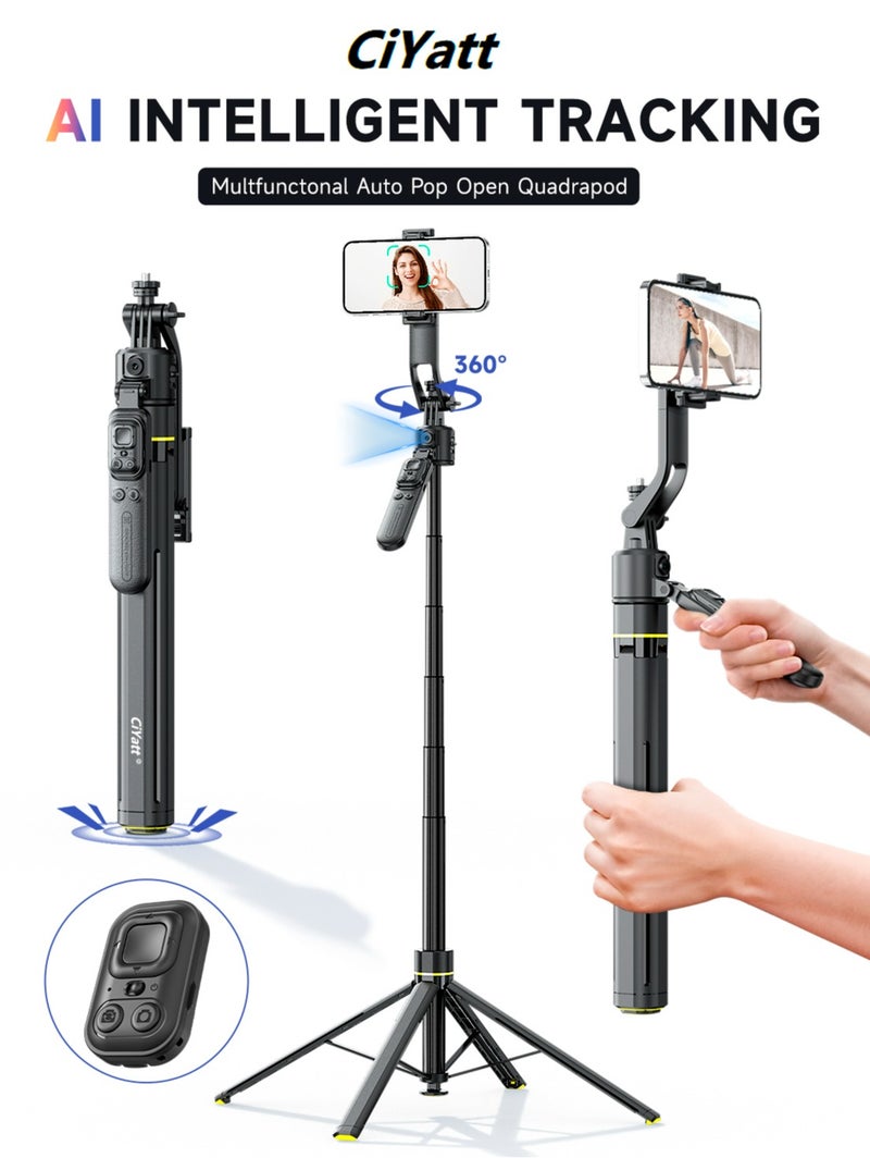 CiYatt AI Tracking Gimbal Quadrapod with Auto-Follow And Auto Pop Open,  Gesture Control & Anti-Shake Handle, Detachable Design Extends to 164cm, Heavy-Duty Aluminium Stand with Selfie Stick & Multi-Function Bluetooth Remote for Phone/Camera (1/4" Mount) - Image 1