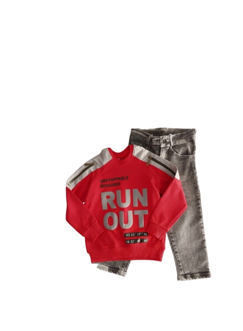 Boys' set: red T-shirt and gray jeans