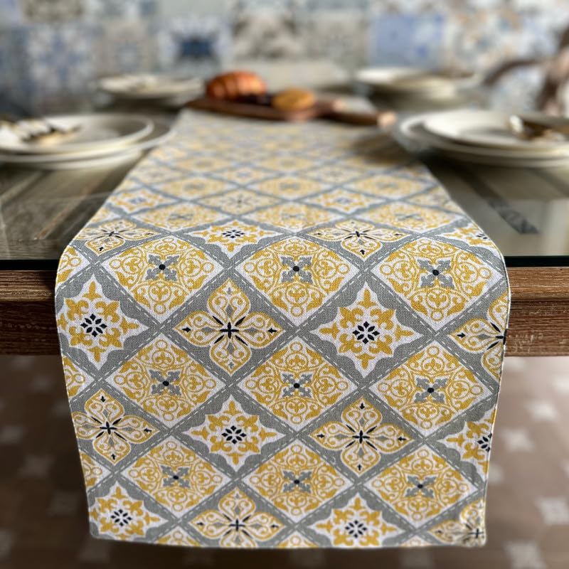 Oak & Lily 100% Cotton Table Runner (34x180cm) | Anti-Skid | Washable | European Quality | Fits 4 & 6 Seater Dining & Centre Table Decor | Yellow & Grey Ethnic Print - Image 5