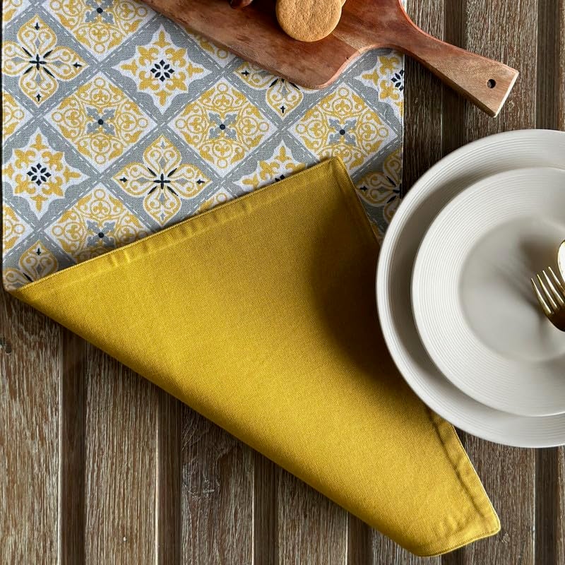 Oak & Lily 100% Cotton Table Runner (34x180cm) | Anti-Skid | Washable | European Quality | Fits 4 & 6 Seater Dining & Centre Table Decor | Yellow & Grey Ethnic Print - Image 2