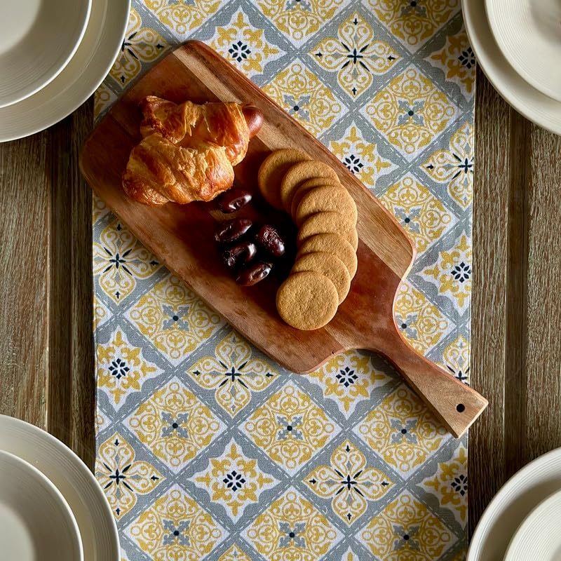 Oak & Lily 100% Cotton Table Runner (34x180cm) | Anti-Skid | Washable | European Quality | Fits 4 & 6 Seater Dining & Centre Table Decor | Yellow & Grey Ethnic Print - Image 4